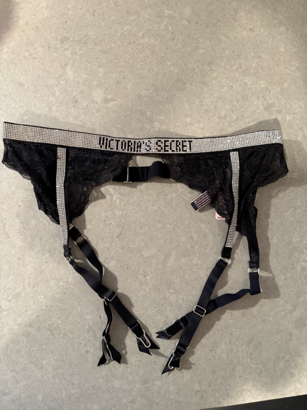 Victoria's Secret Black Lace Rhinestone Logo Waistband Bra